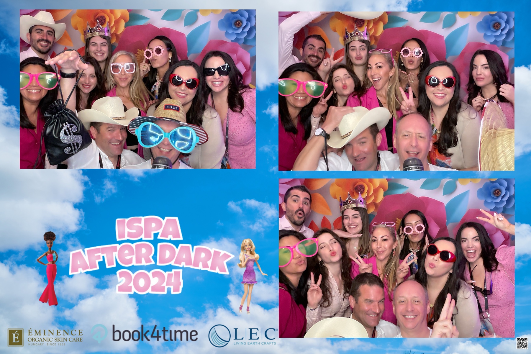 Corporate event guests posing together in a colorful photo booth
